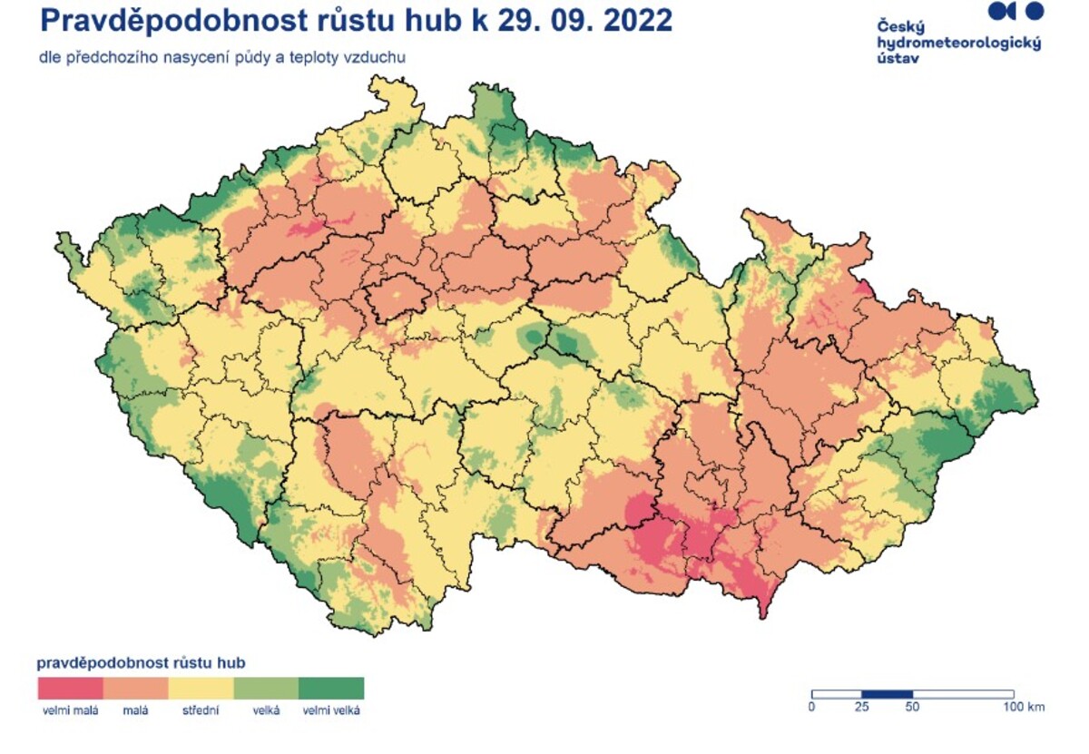 Aktuální mapa pravděpodobnosti růstu hub v Česku.