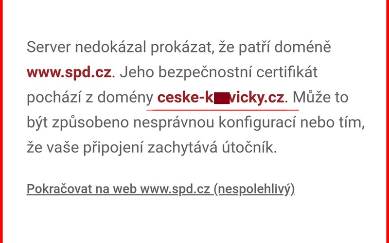 Při zadání adresy „www.spd.cz“ na šifrovaném připojení vyskočí chyba. Bezpečnostní certifikát pochází z erotické seznamky.