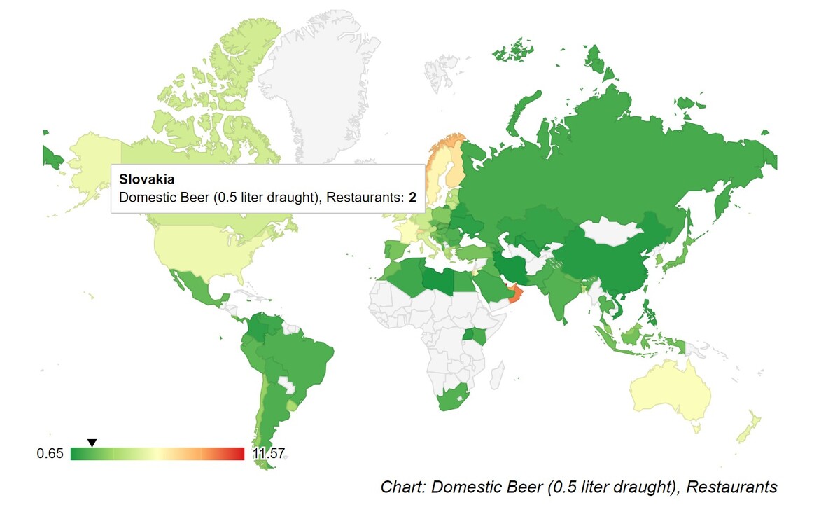 Farebne rozlíšená mapa ukazuje ceny piva na svete. 