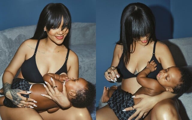 FOTO: Rihanna v kampani SAVAGE X FENTY dojčí svojho syna. Na trh priniesla štýlové tehotenské podprsenky