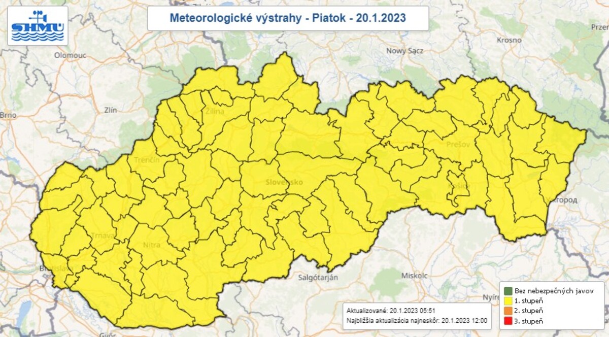 Mapa výstrah na piatok 20. januára 2023.