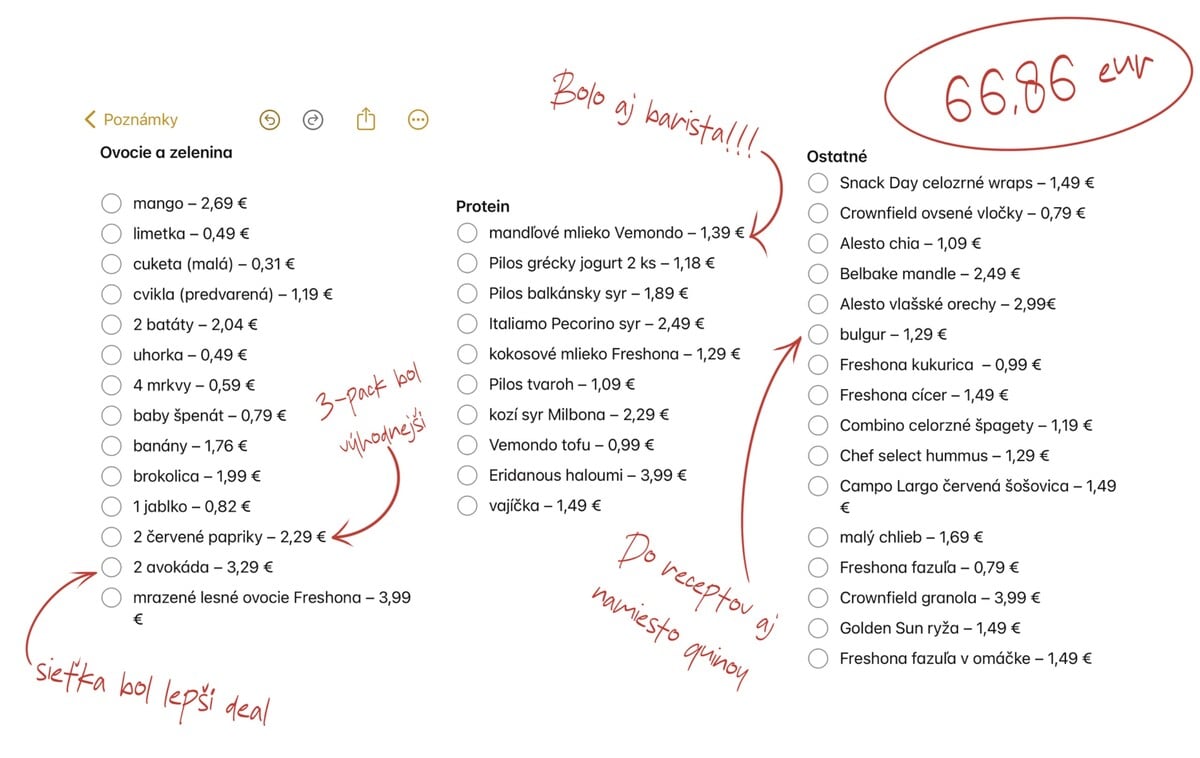 Môj nákupný zoznam aj s cenami, ktoré boli aktuálne v čase nákupu. Chcela som nakúpiť čo najvýhodnejšie, a preto v ňom vidíš aj niekoľko poznámok, kde naznačujú zmenu.
