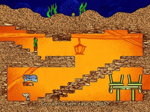 Hra se odehrává pod vodou, kde dvě rybky (modrá a oranžová) řeší nejrůznější záludné hádanky. Pro kterou českou hru platí tento popis?