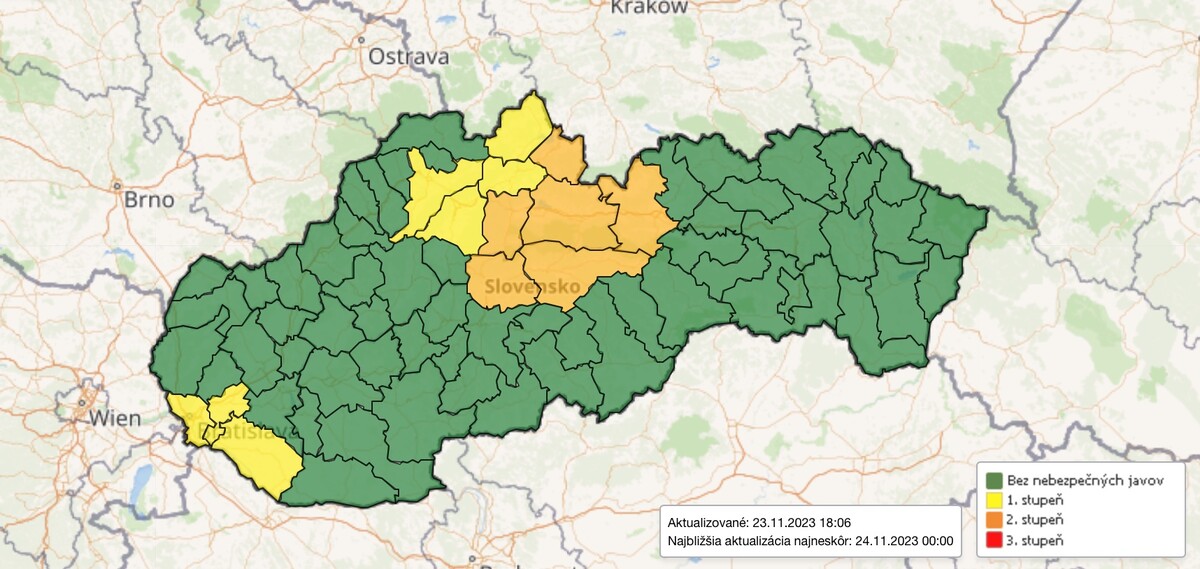 Meteorologické výstrahy od 20.00 h vo štvrtok 23. novembra. 