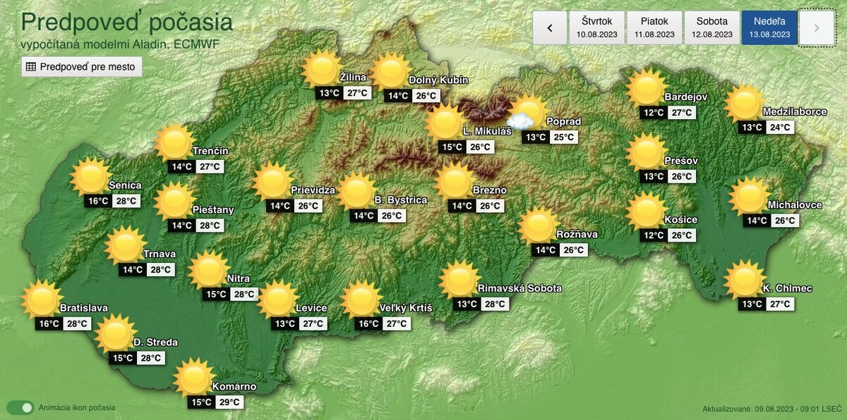 mapa, slovensko, počasie, teploty 