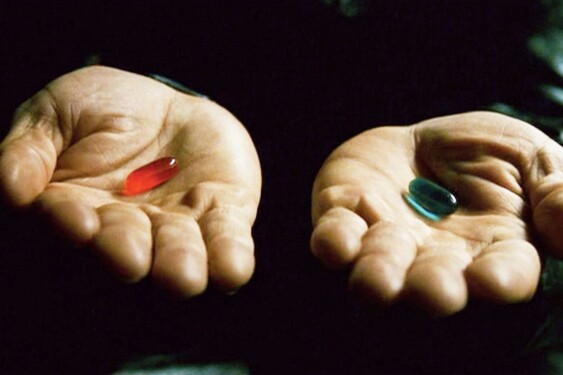 Morpheus nabídne Neovi červenou a modrou pilulku. Jak tato scéna pokračuje?