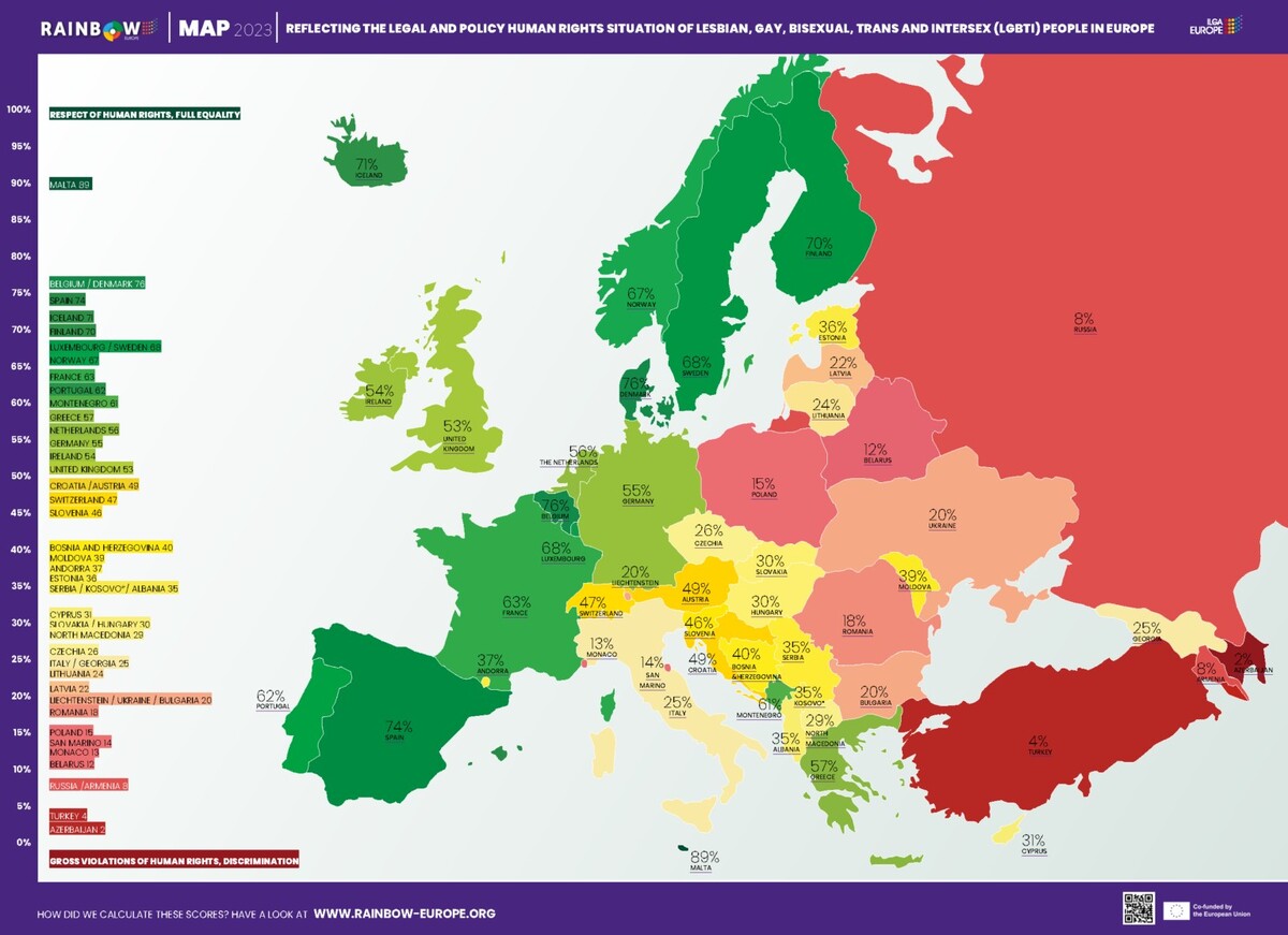 49 evropských zemí a jejich právní a politická situace pro LGBTI+ osoby v roce 2023.