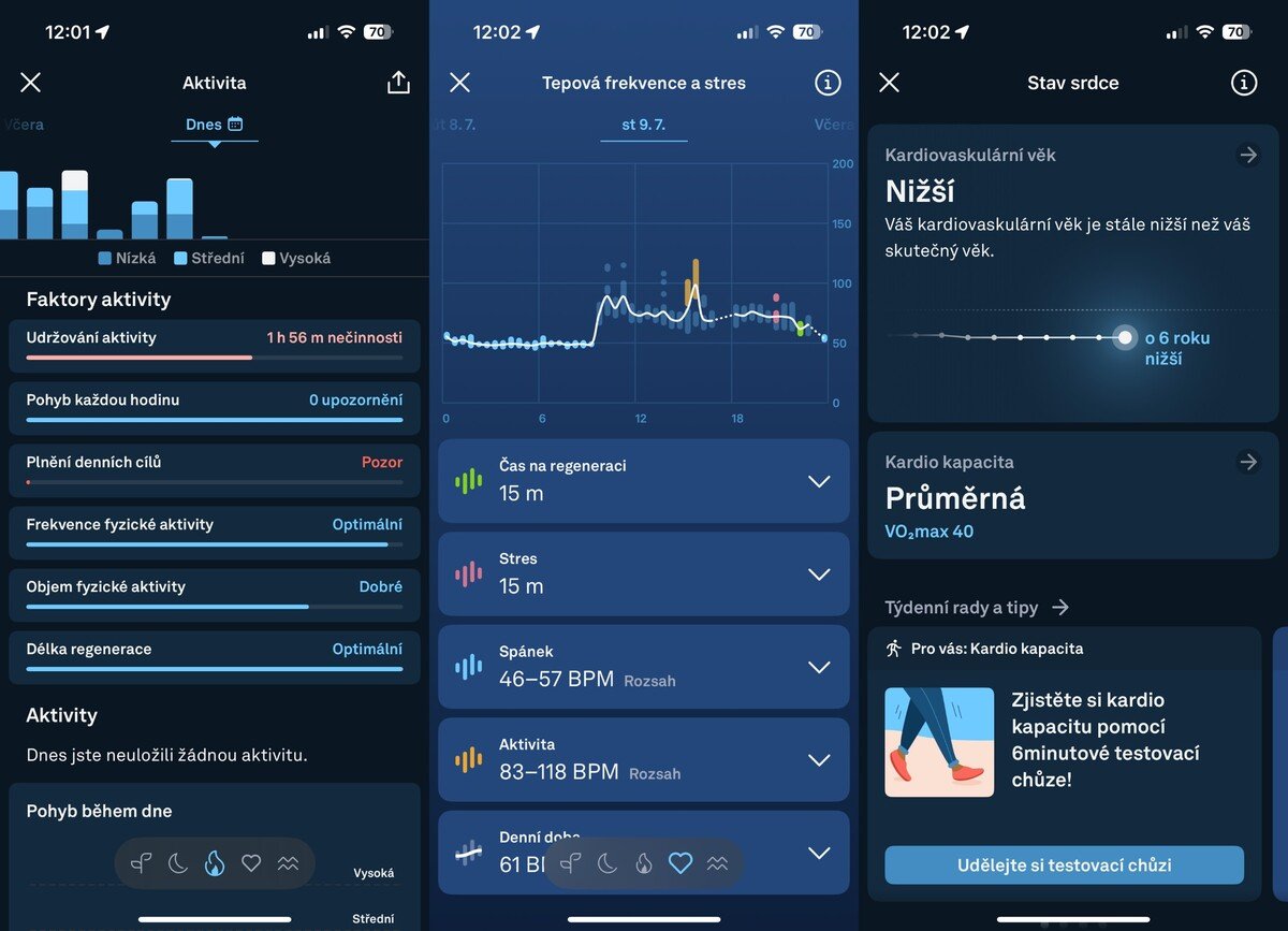 Screenshot oficiální aplikace prstenu Oura Ring