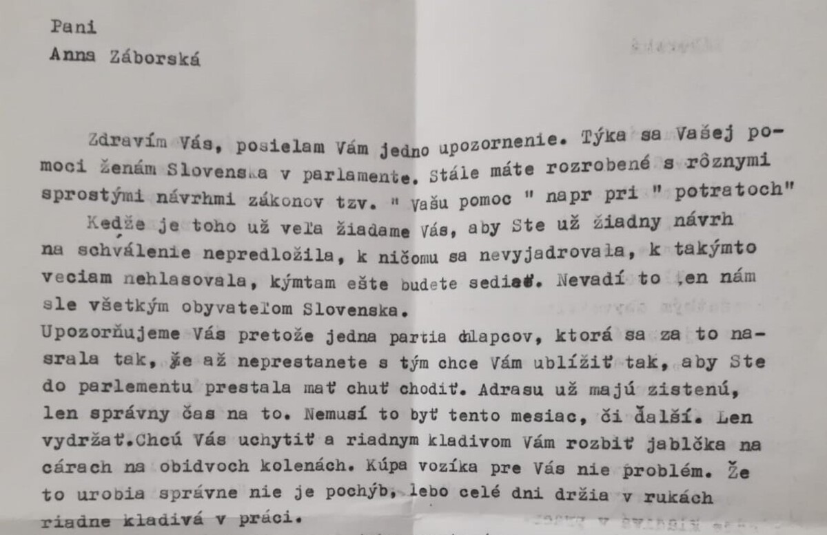 Celý list adresovaný poslankyni Anne Záborskej.