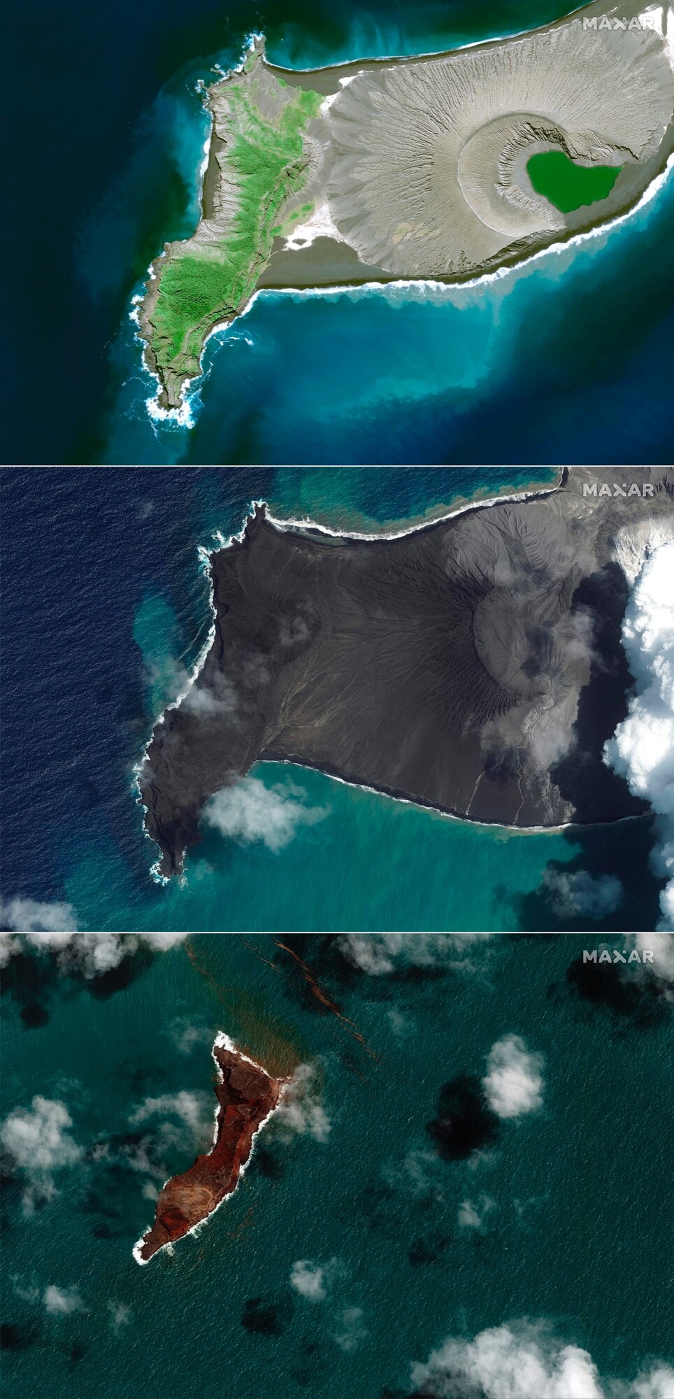 Na kombinovanej satelitnej snímke podmorská sopka Hunga Tonga-Hunga Ha'apa pri tichomorskom ostrove Tonga z 10. apríla 2021 (hore), uprostred zo 6. januára 2022 a dole po erupcii 15. januára 2022.