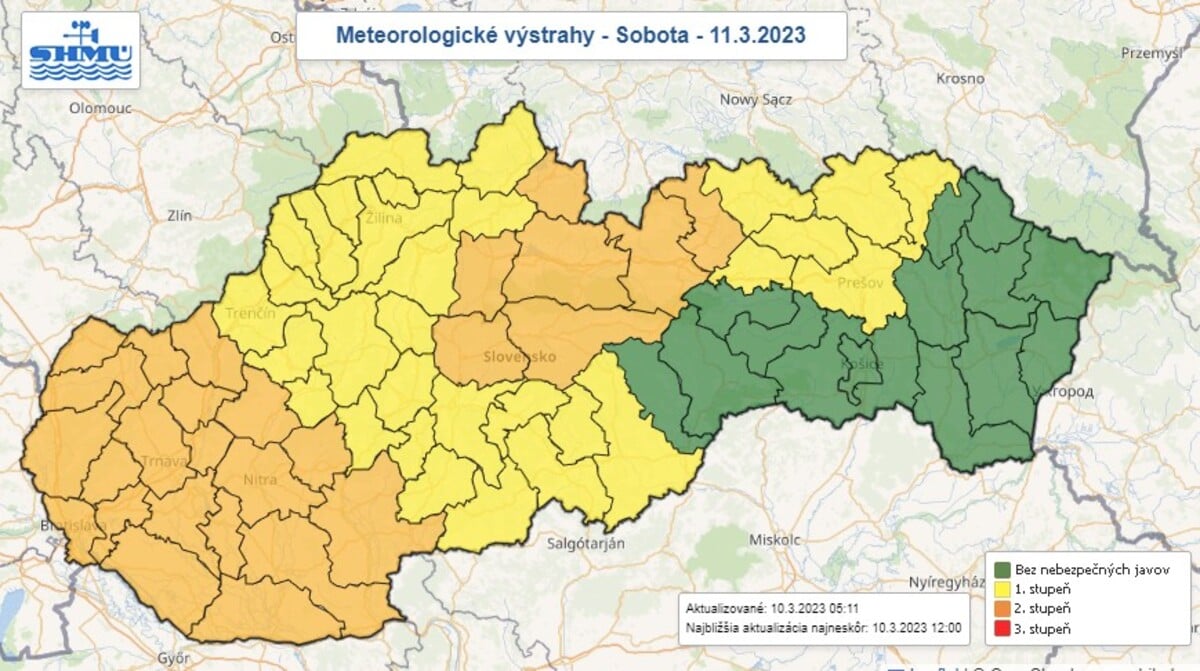 Mapa výstrah na sobotu 11. marca 2023.