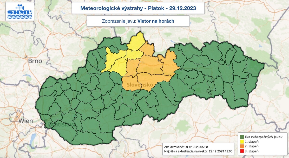 Meteorologická výstraha 1. a 2. stupňa pred silným vetrom na piatok 29. decembra. 