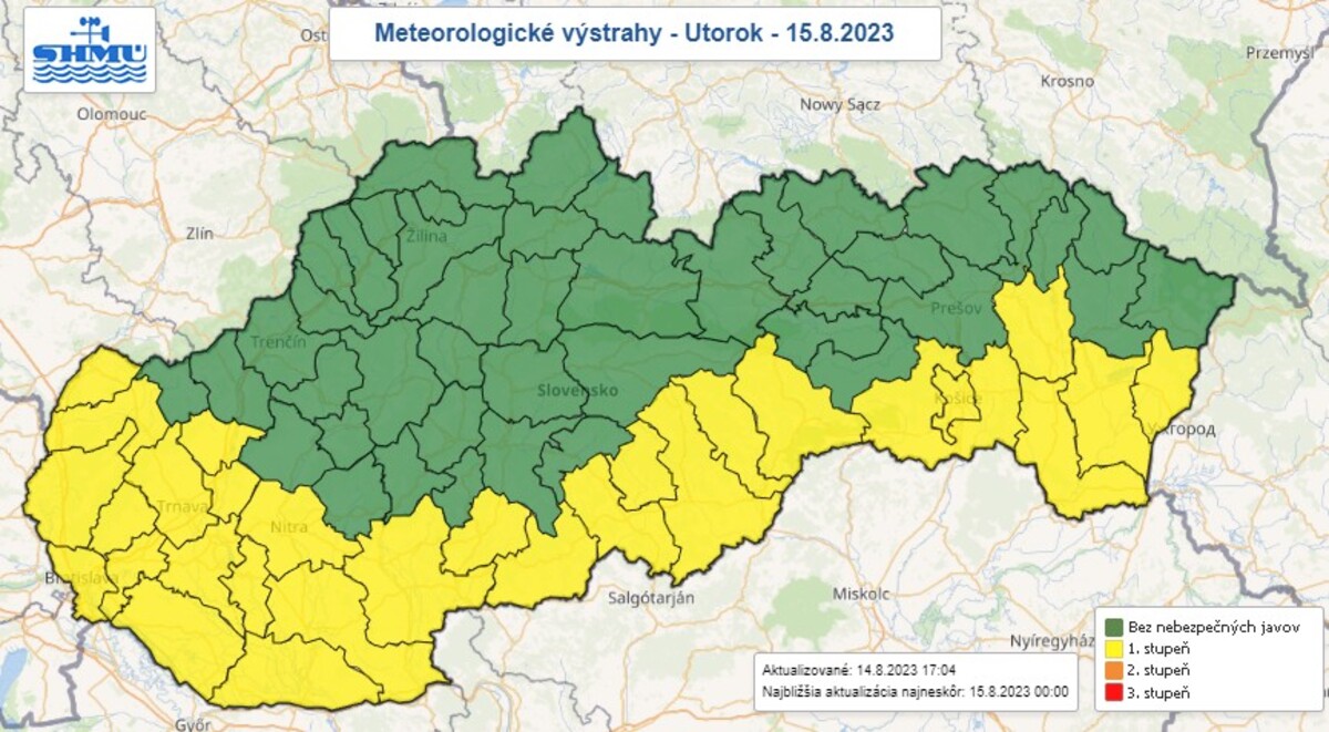 Mapa výstrah na utorok 15. augusta 2023.