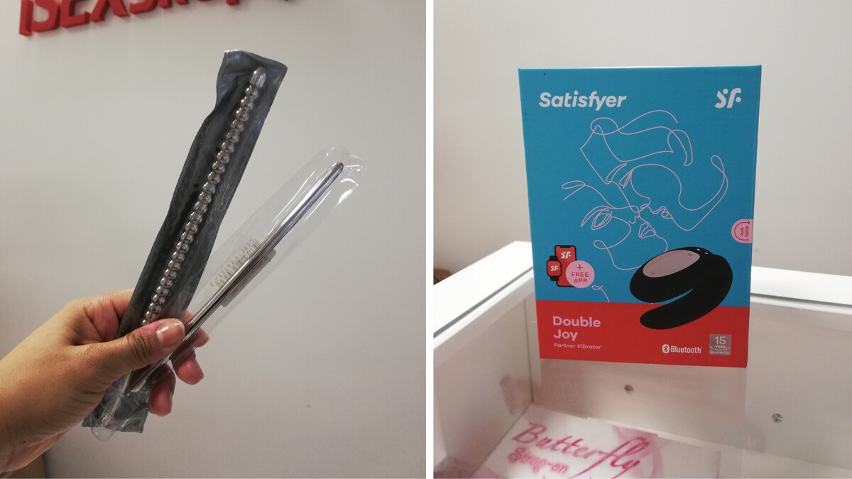 Vľavo kovové dilátori rôznych veľkostí, vpravo Satisfyer pre dvoch.