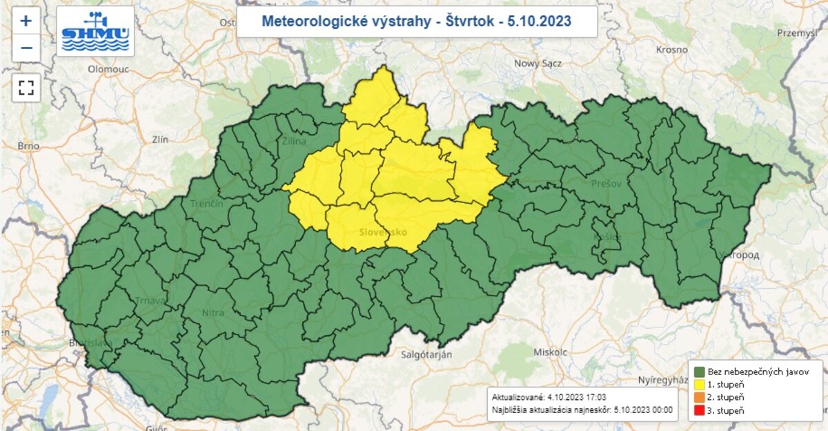 Mapa výstrah na štvrtok 5. októbra 2023.