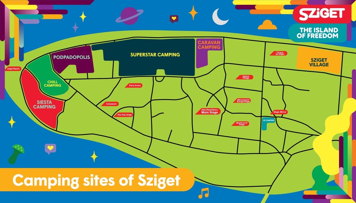 Mapka zobrazuje možnosti kempovania na festivalovom ostrove.