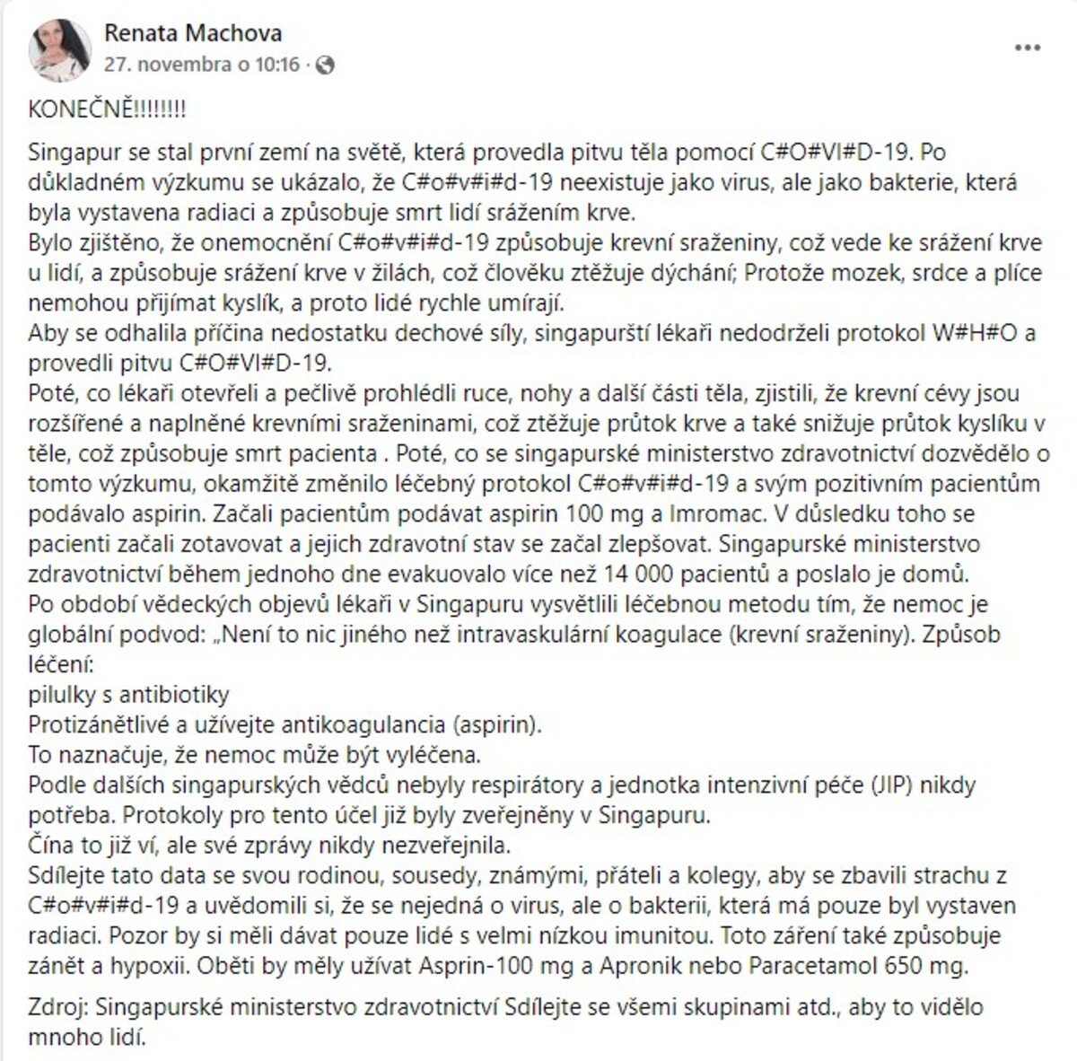 Pôvodný status s hoaxom.