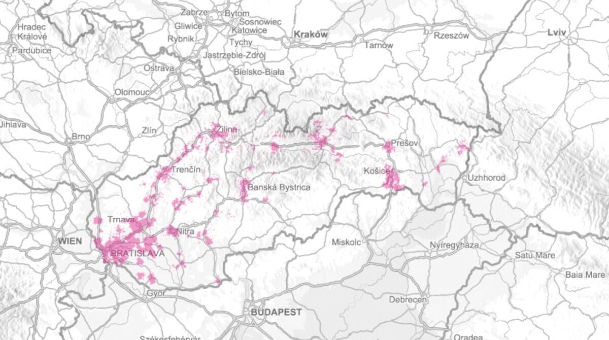 Aktuálne pokrytie 5G siete na Slovensku.