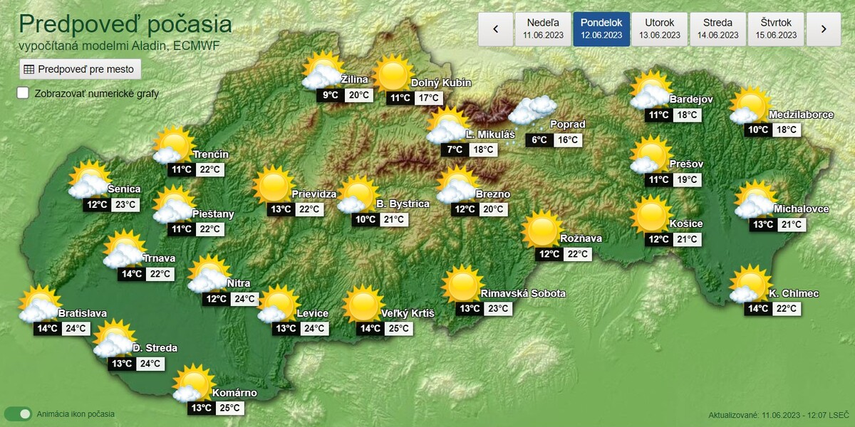 Predpoveď počasia na pondelok 12. 6. 2023.