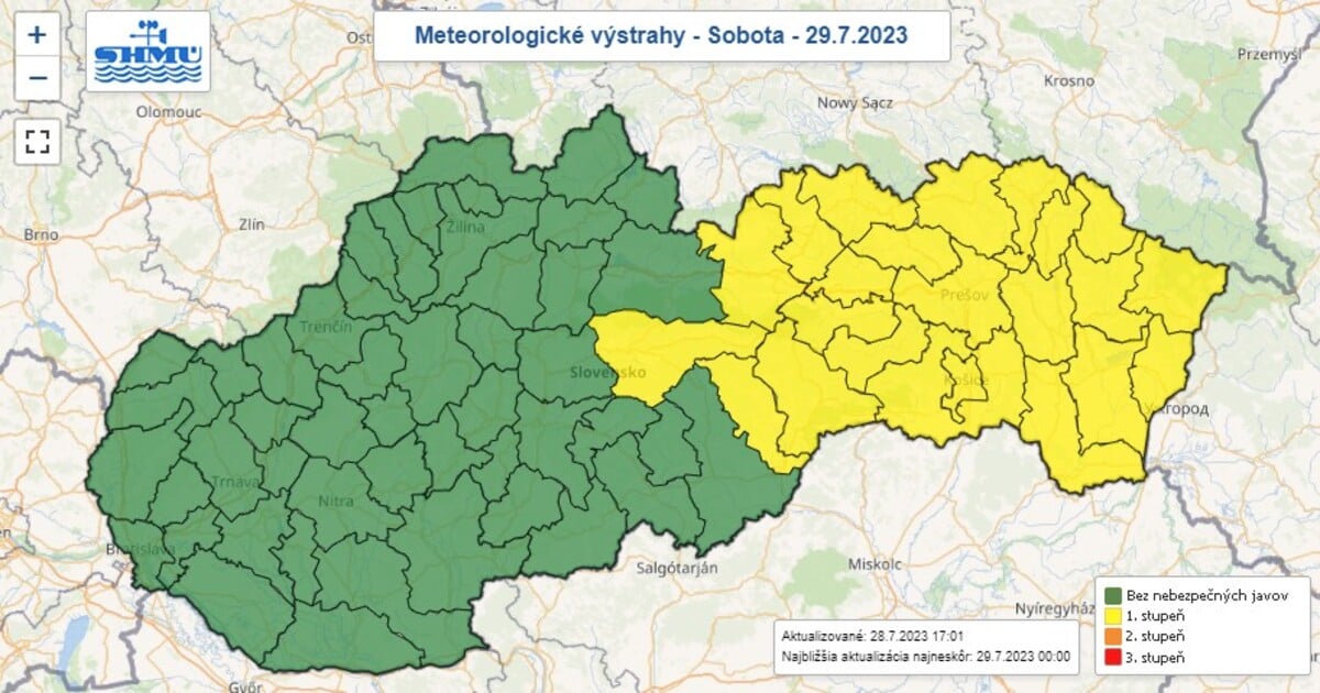 Mapa výstrah na sobotu 29. júla 2023.