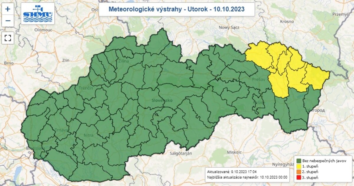 Mapa výstrah na utorok 10. októbra 2023.