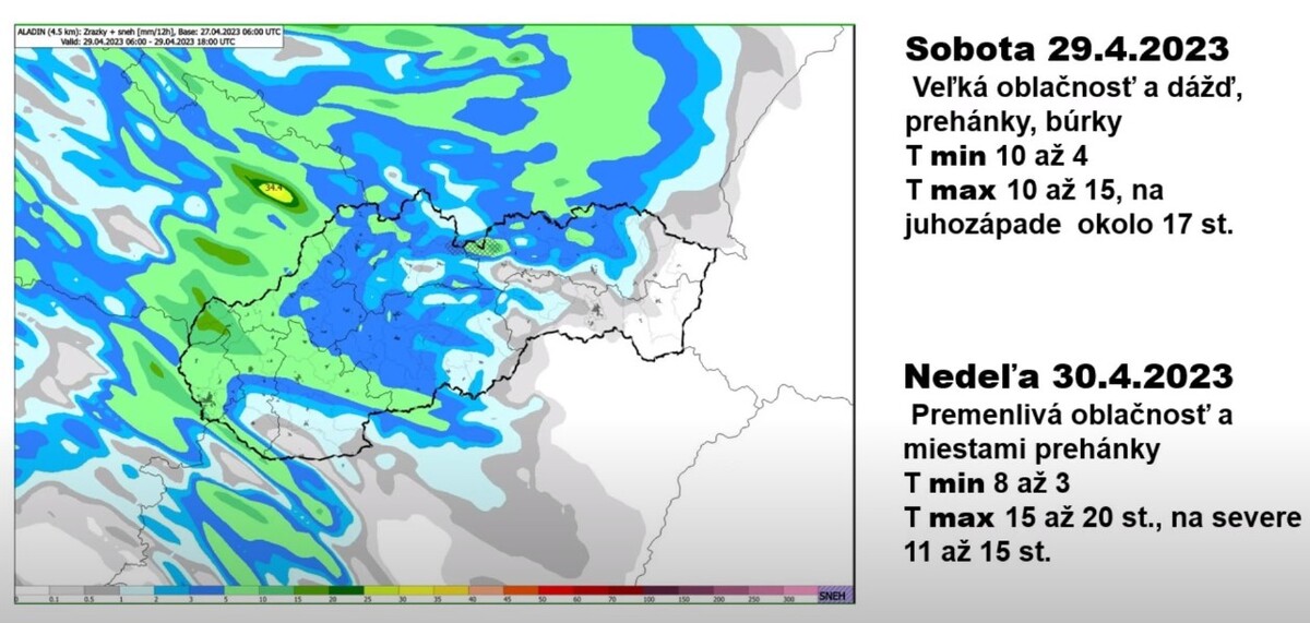 Meteorologická mapa so zrážkami na víkend.