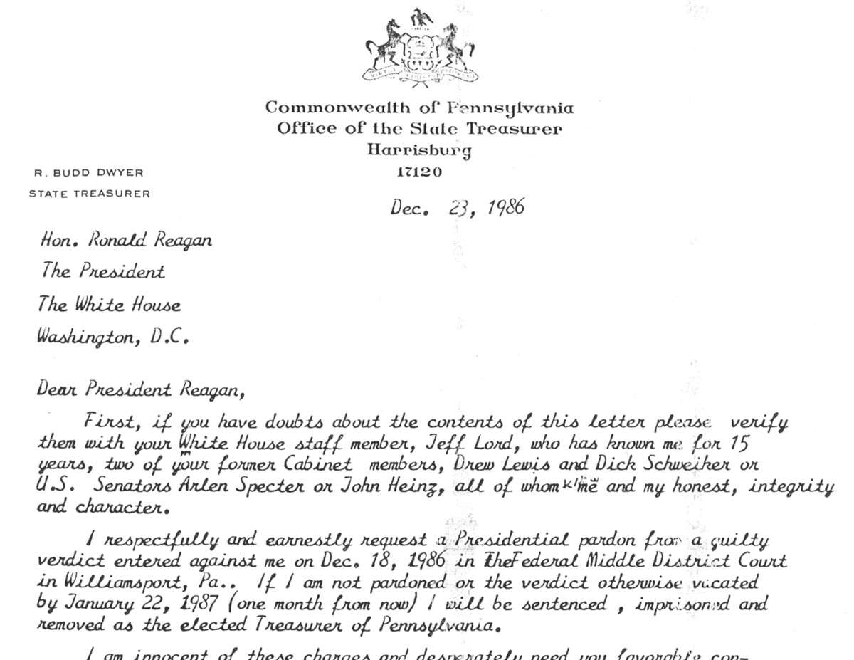 List, v ktorom Dwyer prosil prezidenta Ronalda Reagana o milosť.