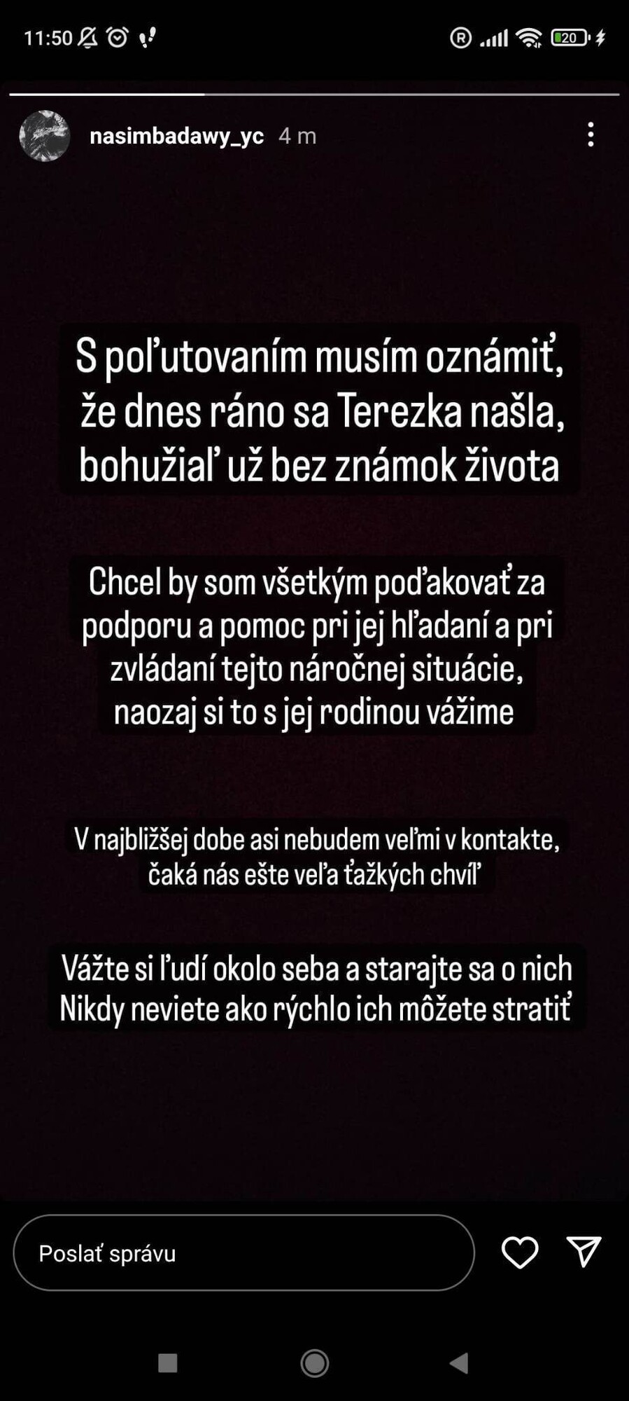 Emotívny odkaz Terezkinho priateľa.