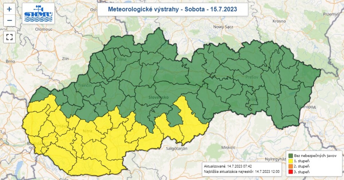 Meteorologické výstrahy na sobotu 15. júla 2023.