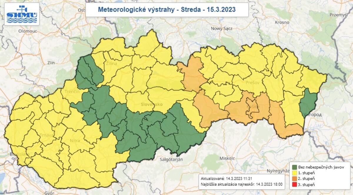 Mapa výstrah na deň 15. marca 2023.