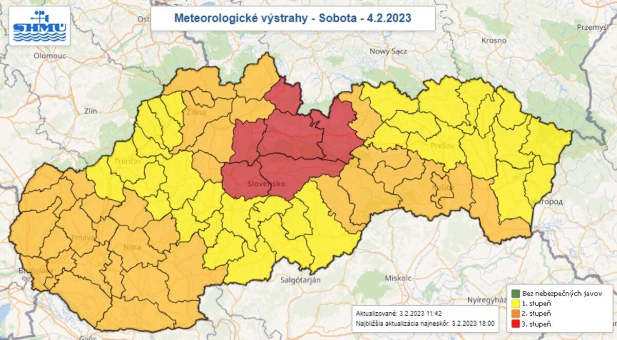 Mapa výstrah na sobotu 4. februára.