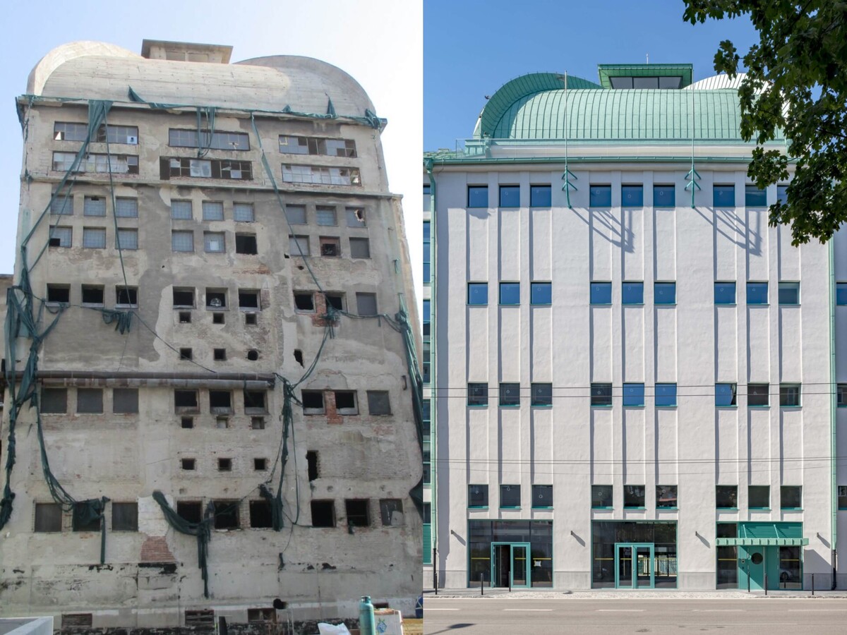 Pôvodný stav Spilky pred rekonštrukciou a budova po rekonštrukcii. 