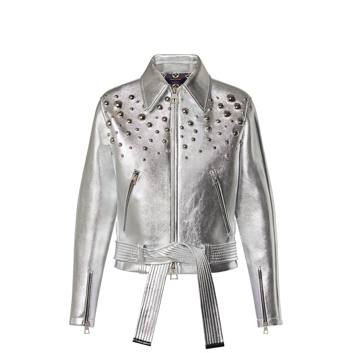 LV X YK METAL STUDS METALLIZED LEATHER JACKET.