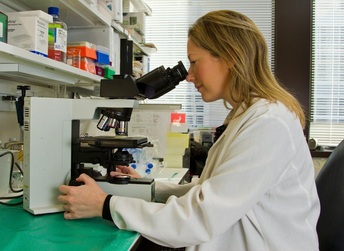vědec, vědkyně, výzkum, mikroskop, laboratoř