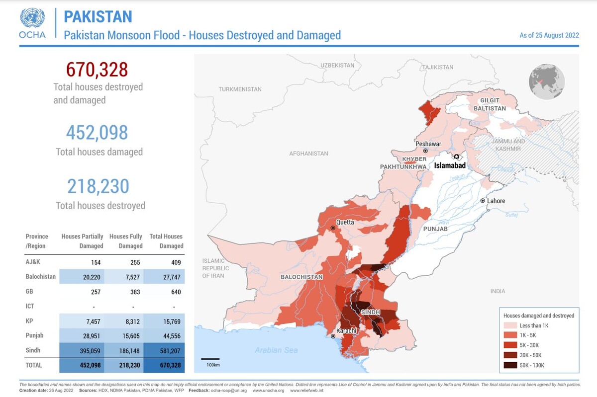 Mapy zničených domov v Pakistane.