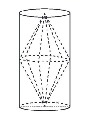 Diamant zložený z dvoch zhodných kolmých ihlanov so spoločnou podstavou pravidelného štvoruholníka je vložený do nádoby tvaru valca. Každý vrchol diamantu sa dotýka plášťa alebo podstavy valca. Pozrite obrázok. Zistite, koľko percent objemu valca tvorí diamant.