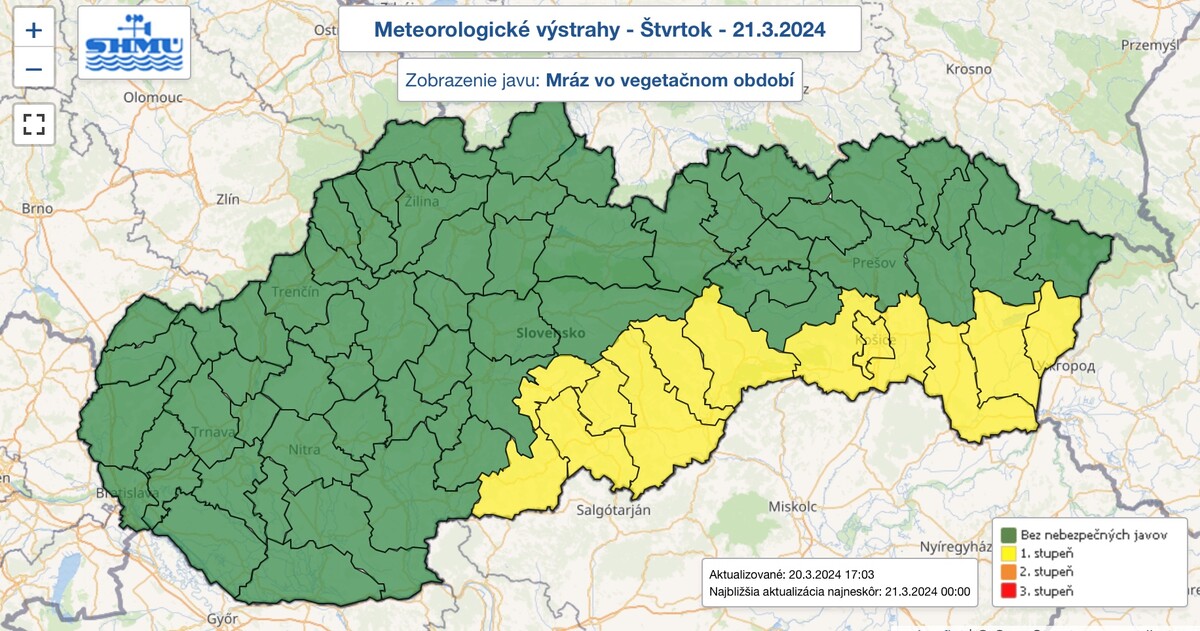 Výstrahy I. stupňa pred vegetačným mrazom. 