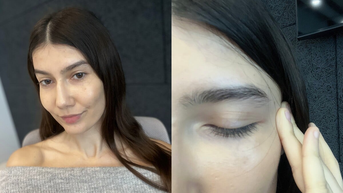 Takto vypadalo mé obočí a řasy před použitím produktů. Na fotografii mám pouze korektor - obočí a řasy jsou nenamalované. Pořízeno iPhonem 13.