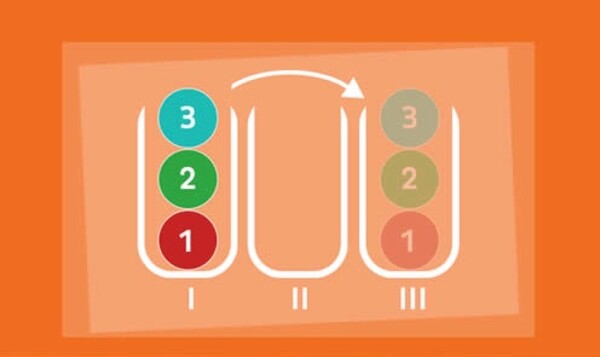 Na minimálne koľko ťahov premiestniš do tretej tuby lopty, aby ostali v rovnakom poradí?