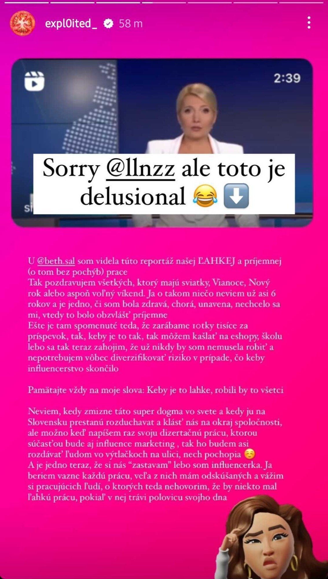 Lucia Almaksus svoje pôvodné stories v čase písania článku zmazala. Redakcia z nich čerpala, ale screenshot používame z príbehu Exploiteda.