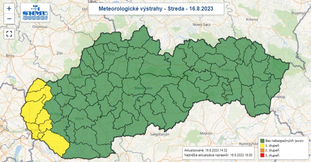 Mapa výstrah na stredu 16. augusta 2023.