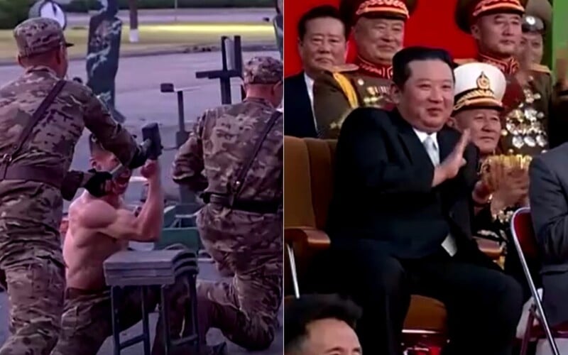 VIDEO: Kim Čong-un si vychutnával extrémne vystúpenia vojakov. Hlavou rozbíjajú tehly, telom trhajú reťaze či ležia na skle.