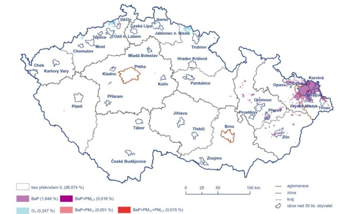 Oblasti s překročenými imisními limity pro ochranu zdraví vybraných skupinlátek.