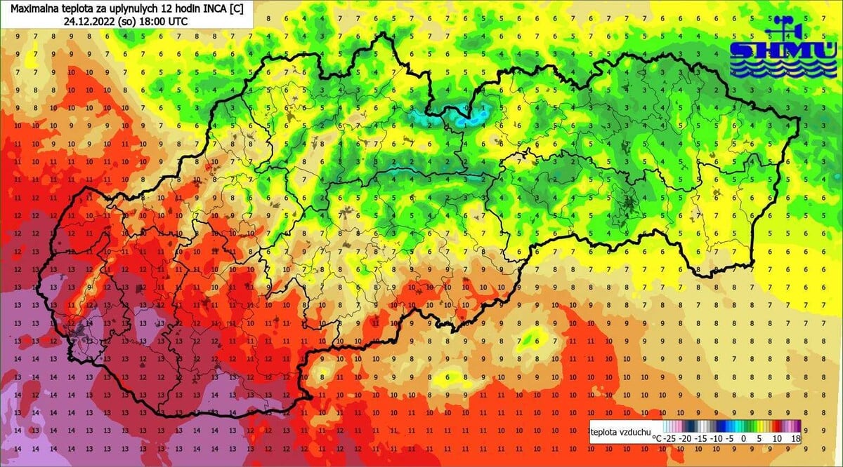 Mapa teploty na území Slovenska počas 24. decembra 2022.