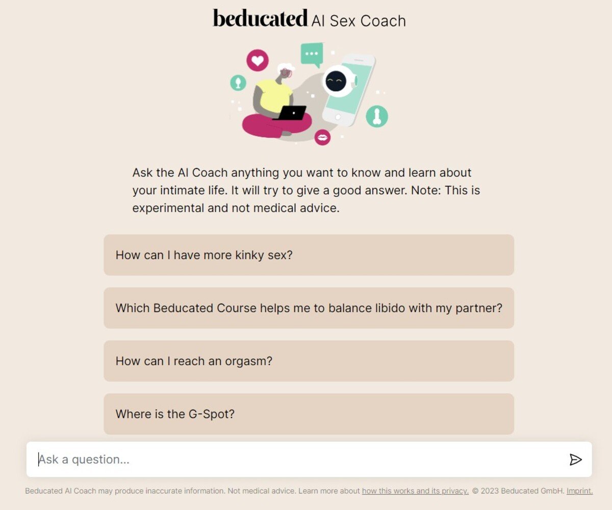 Takto vyzerá úvodná stránka Beducated AI Sex Coach. Navrhne ti pár vzorových otázok, ale môžeš rovno napísať svoju. Funguje zatiaľ iba v angličtine.