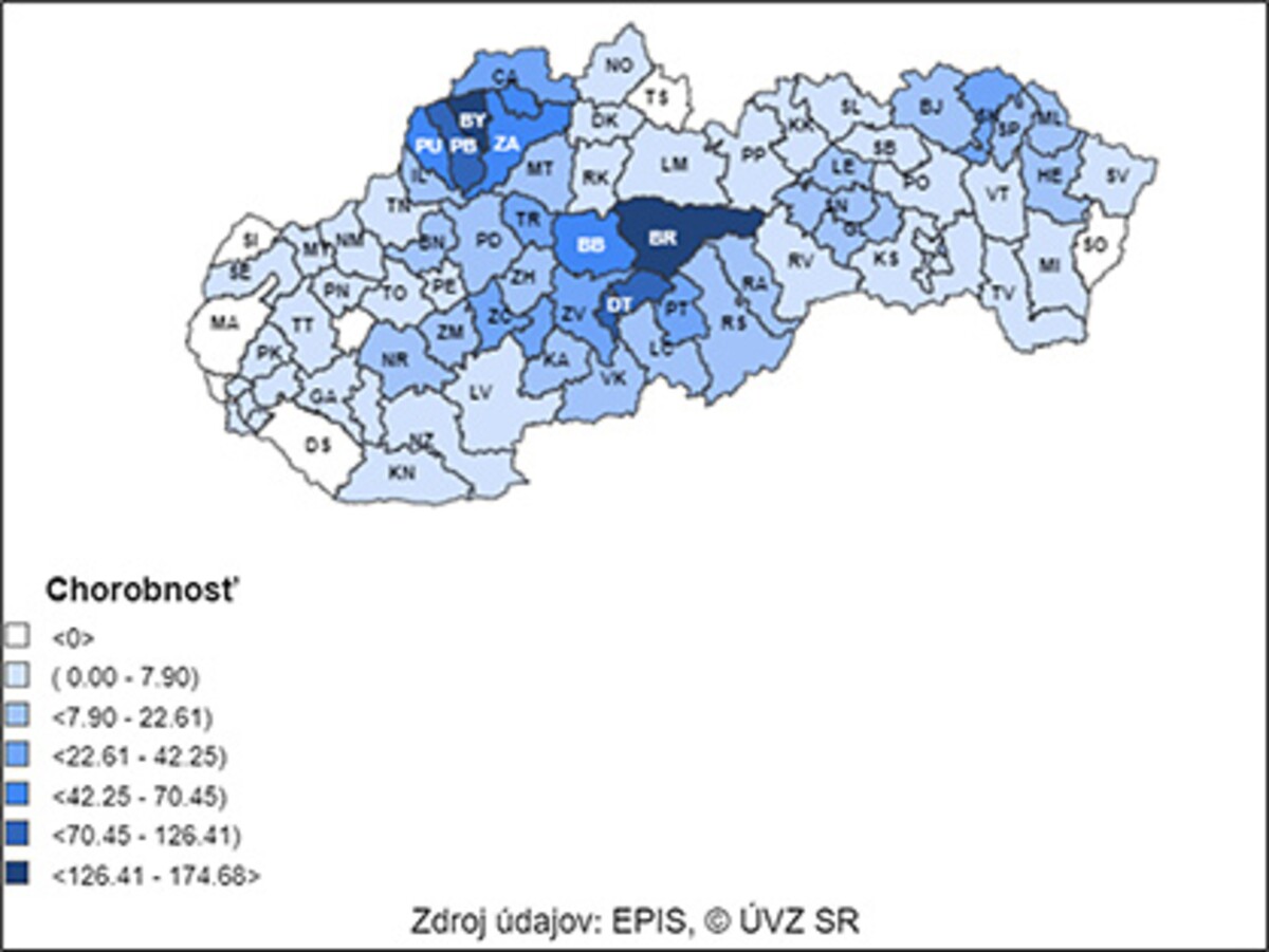 Výskyt kliešťovej encefalitídy v SR podľa okresov od 1. 1. 2019 do 31. 12. 2023.