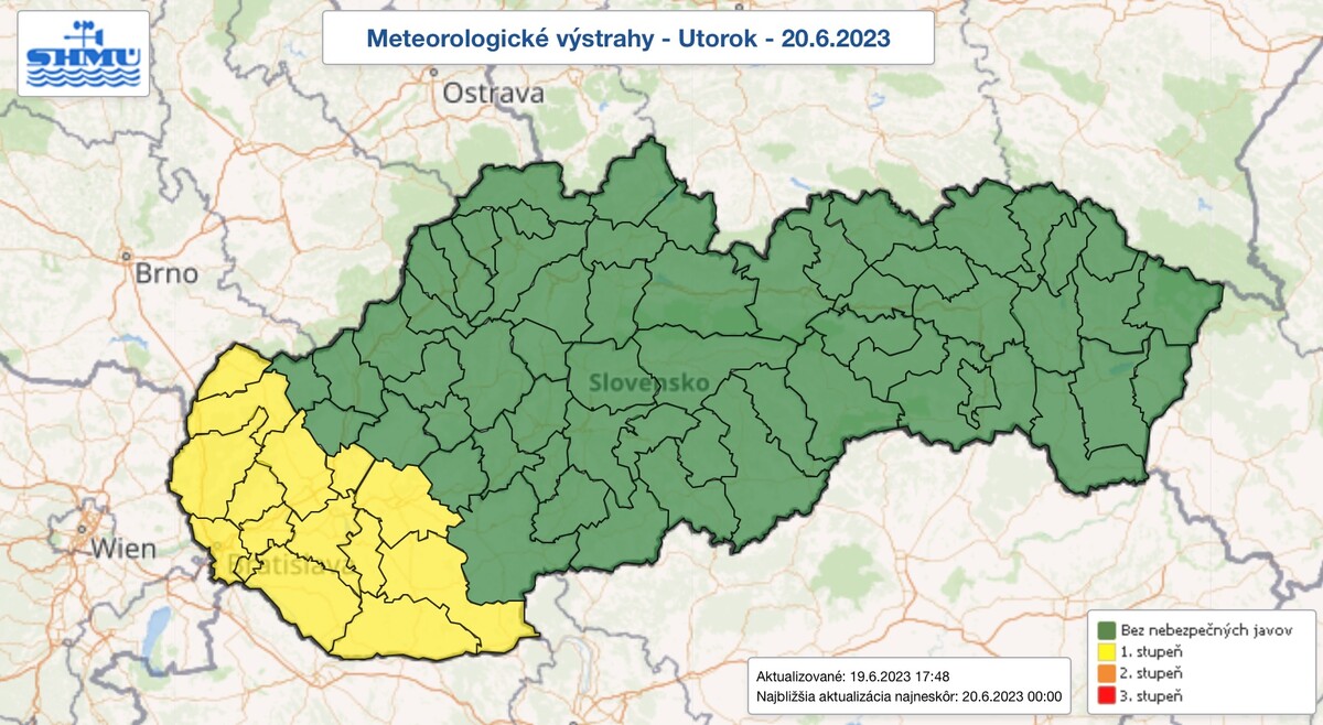 Výstrahy prvého stupňa na západe Slovenska.