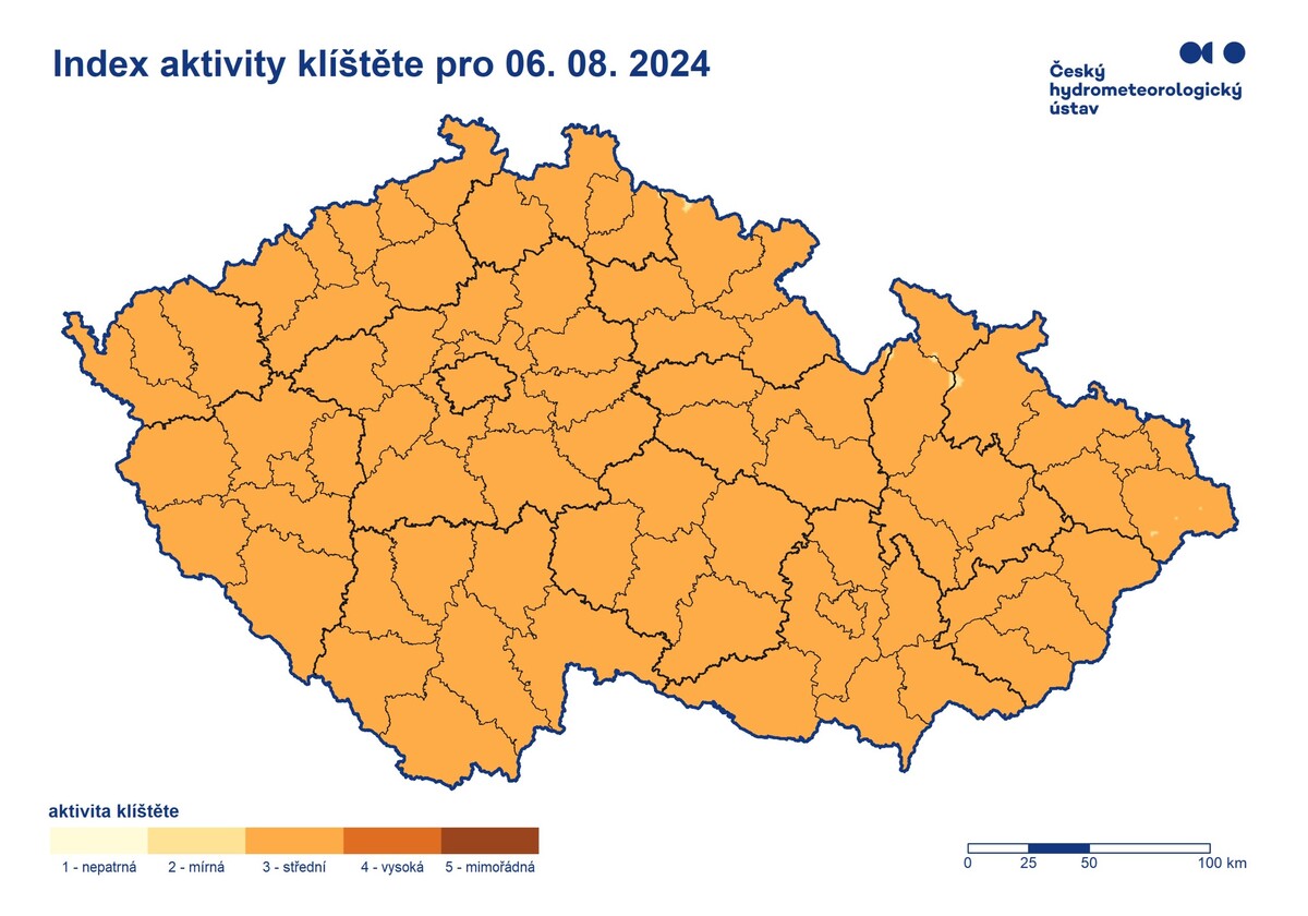 Mapa ohrožení klíšťaty k 6. srpnu 2024.