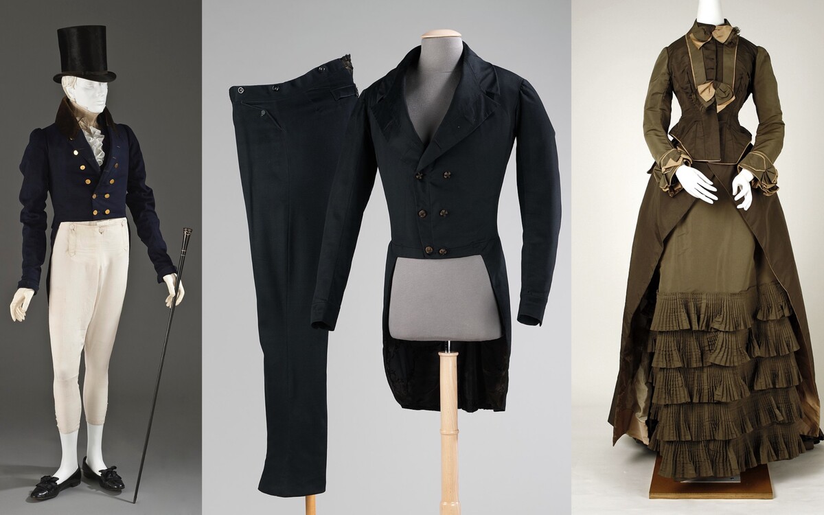 Příklady pánského a dámského oděvu z 19. století.