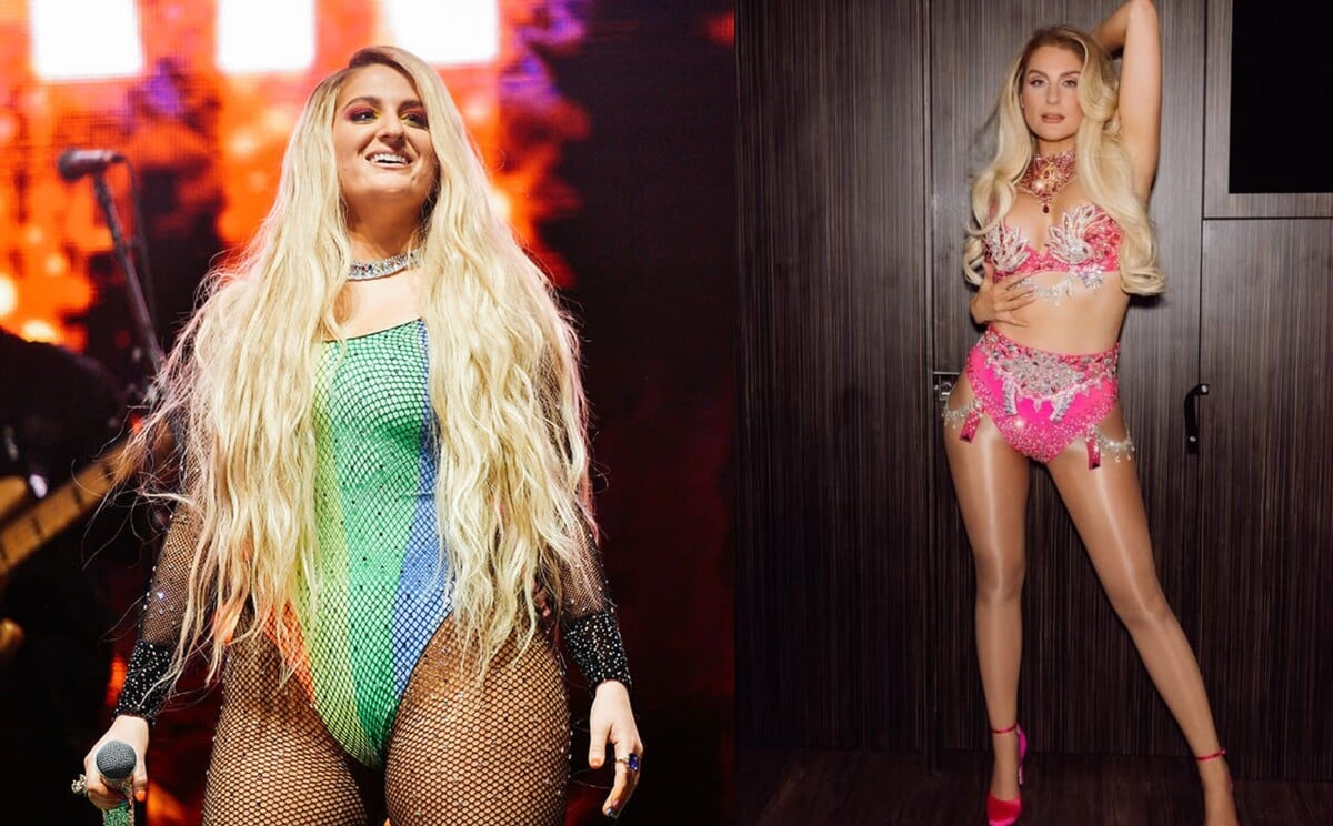 Na fotke speváčka Meghan Trainor pred a po premene liekom Mounjaro. Užívanie lieku priznala po výraznej kritike ľudí na Billboard's 2025 Women in Music Awards.